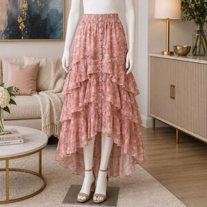 Allison New York Womens Ella Midi Skirt Blush Kaleidoscope Ruffle High-Low XS